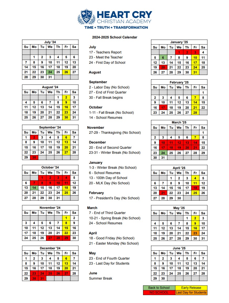 School Calendar Heart Cry Christian Academy